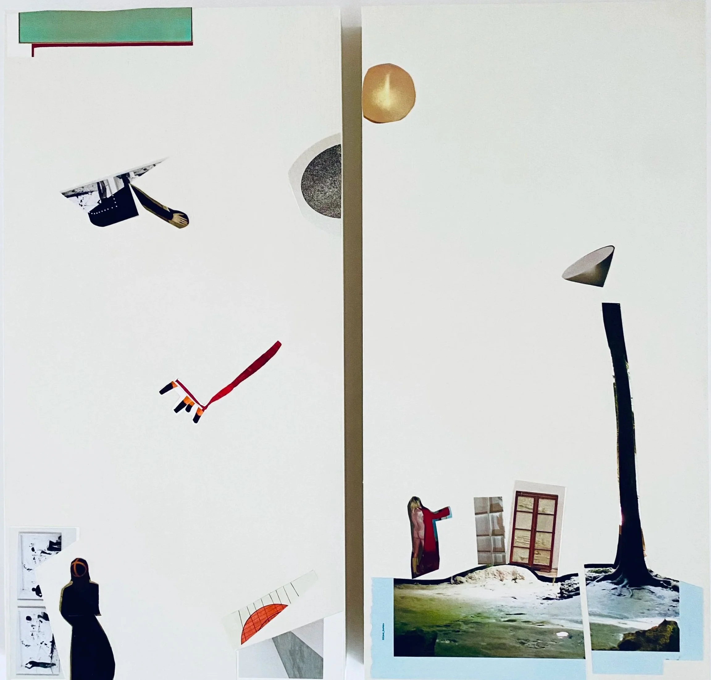 (I Am) A Traveler, 20” x 21”, collage on painted wood panels and UV varnish, 2026
