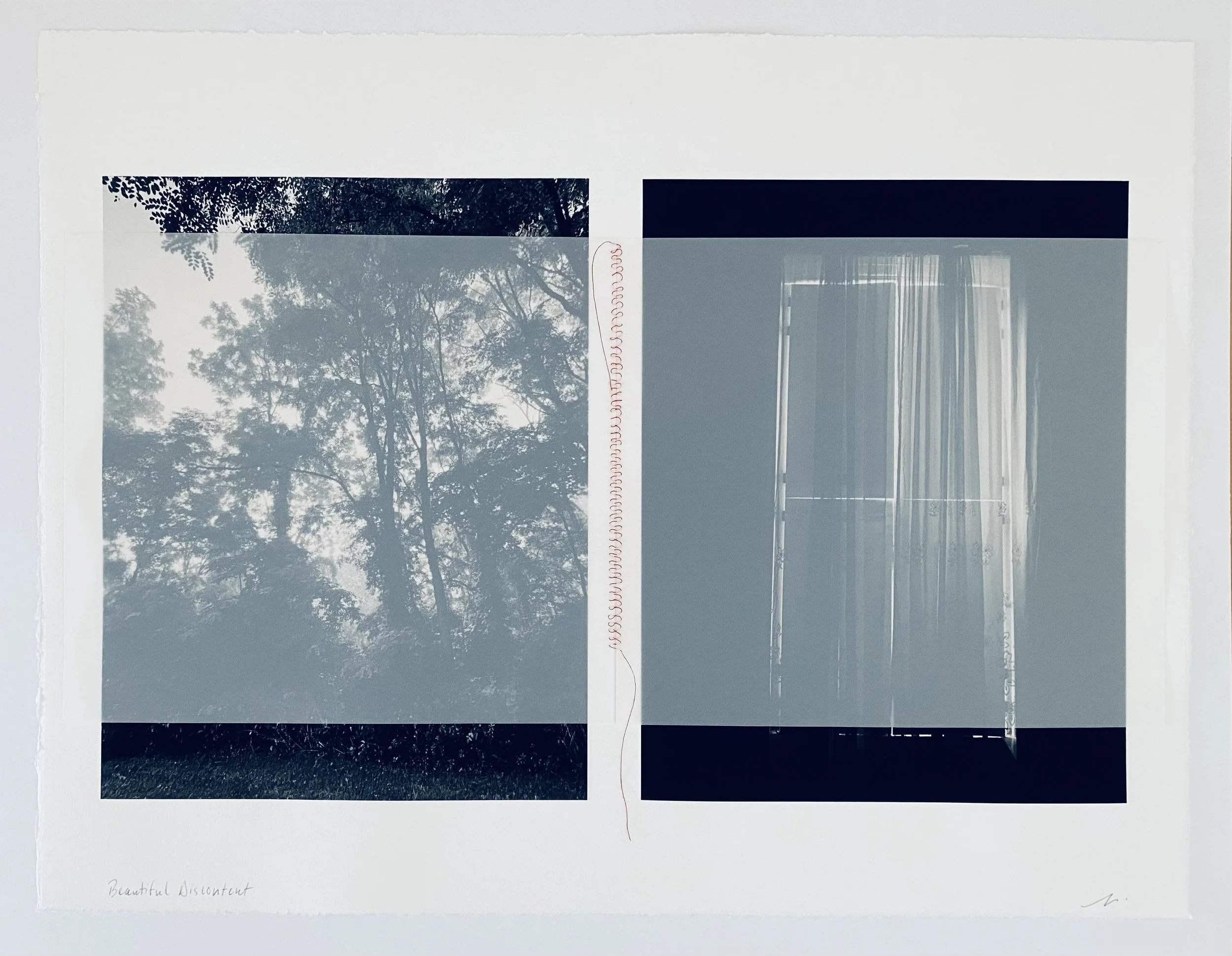 Beautiful Discontent, 23” x 29” (framed size), archival giclee, thread and vellum on BFK Rives, 2026
