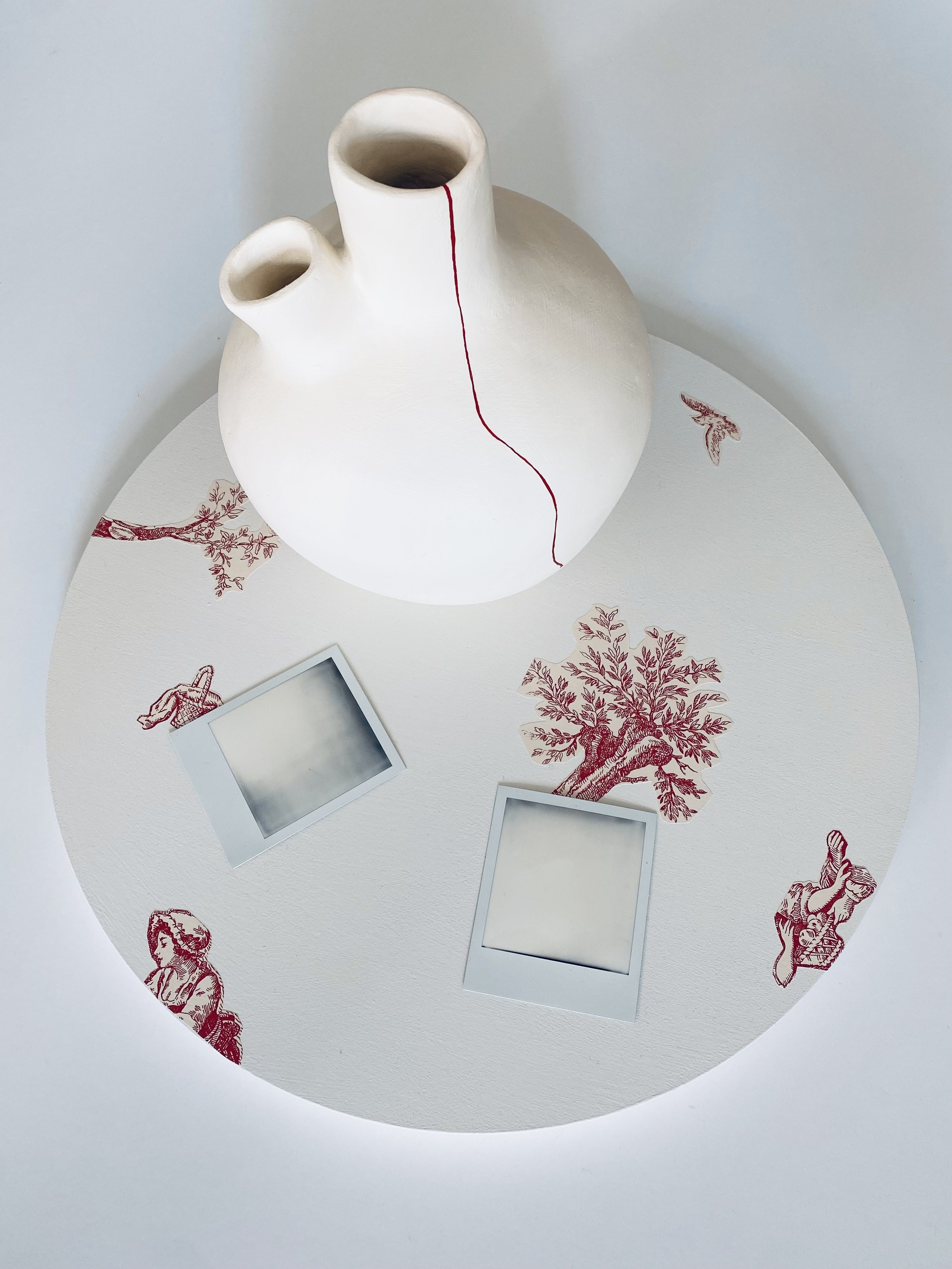 Seeking the Past, Living the Present, 12" x 20" x 20", stoneware, paint, Polaroids, wallpaper and wax on painted wood panel, 2025. Created for programming with Jeremy Dennis at the Hudson River Museum, November 23, 2025.