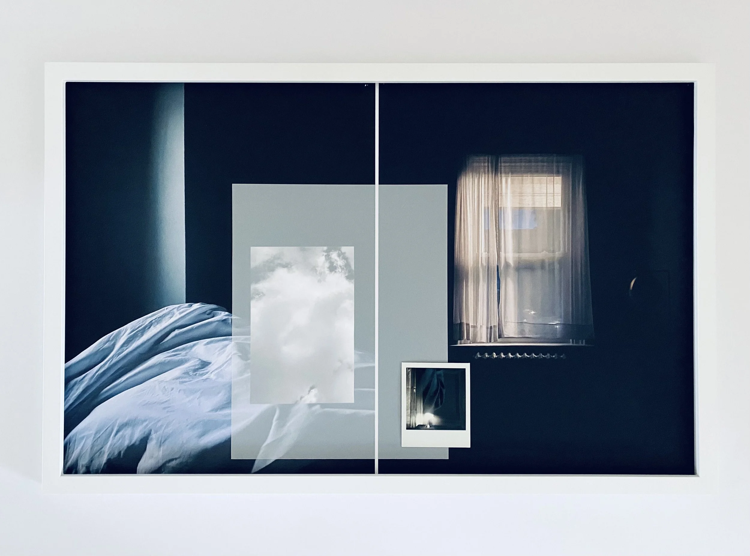 Falling In, 21” x 33” (framed size), archival giclee, Polaroid, thread and vellum, 2026
