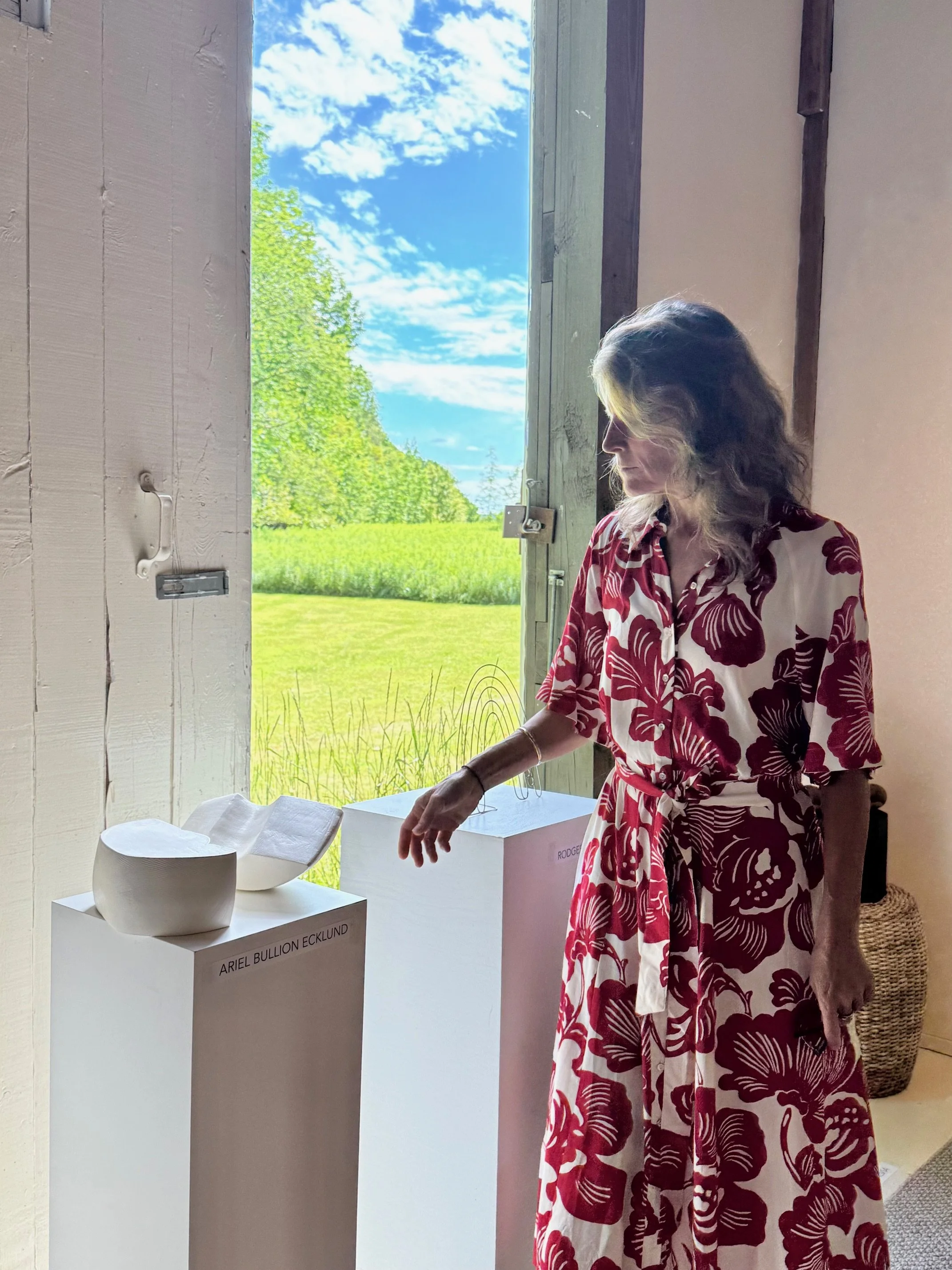 "Companion" installed at BARNSTORM 2, curated by Jeff Quinn during 2025 Upstate Art Weekend at the Catskills Barn, Delhi, NY, July 2025. Wire sculpture (r) by Rodger Stevens.