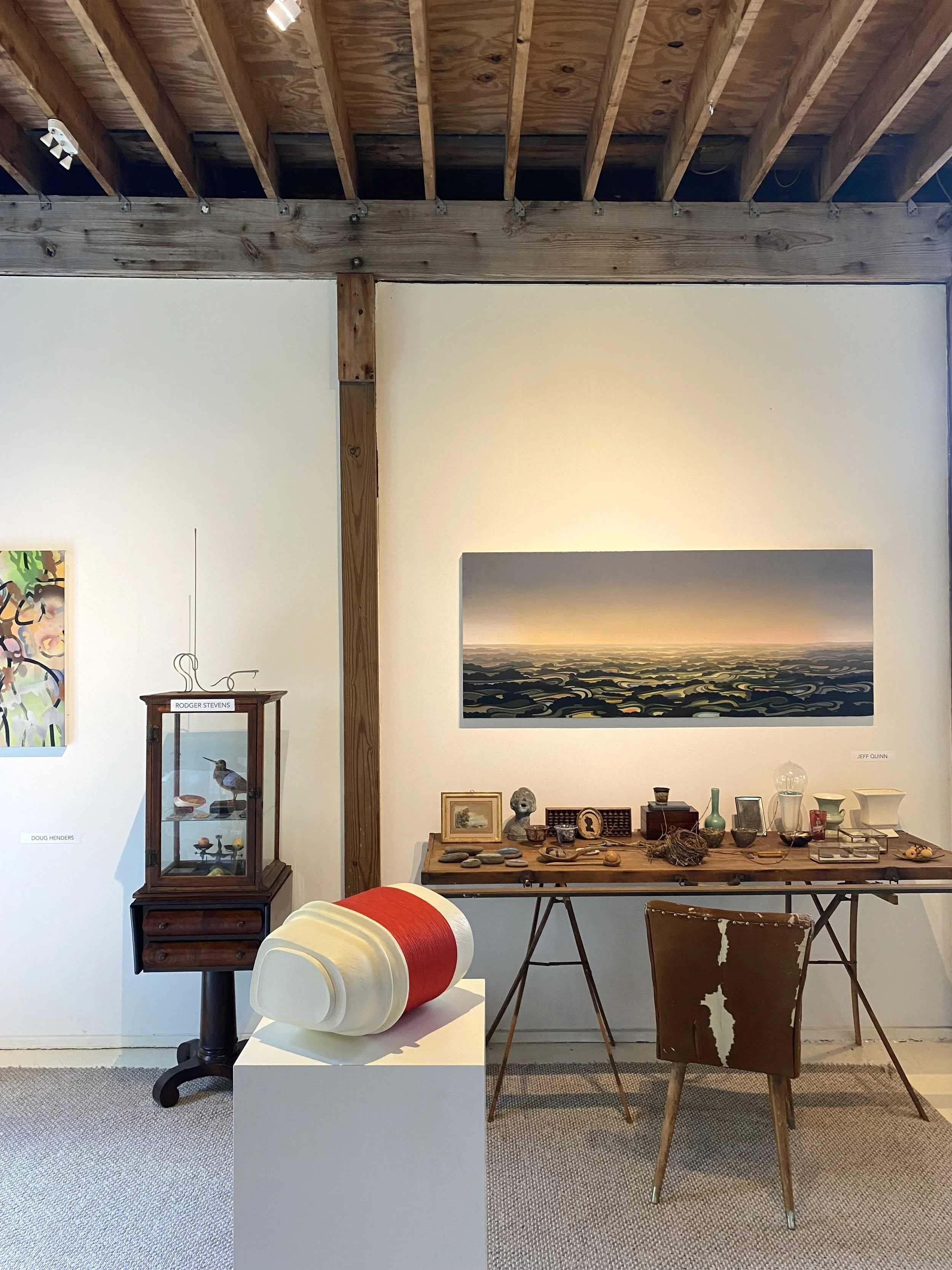 Stumbling Block installed at BARNSTORM 2 July 17-21 during 2025 Upstate Art Weekend at the Catskills Barn, Delhi, NY. Painting (r) by Jeff Quinn.