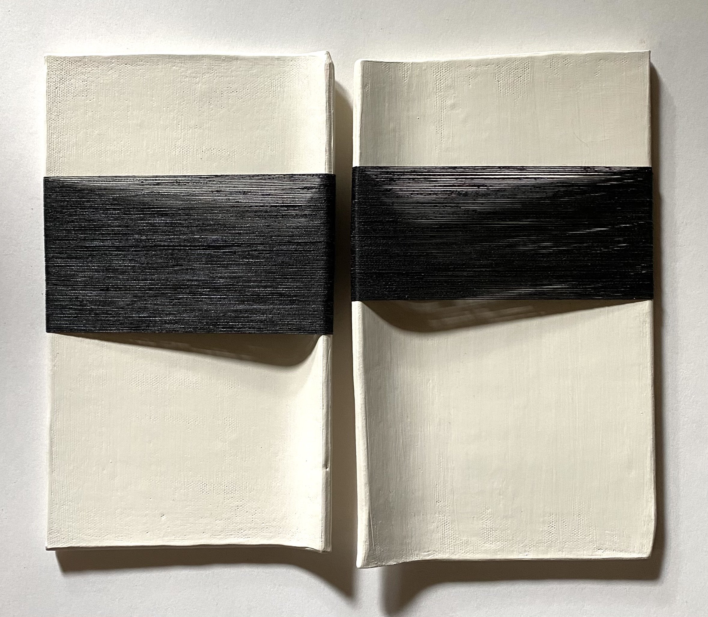In Between, 9" x 12", stoneware, paint, waxed linen thread + wax, 2023.