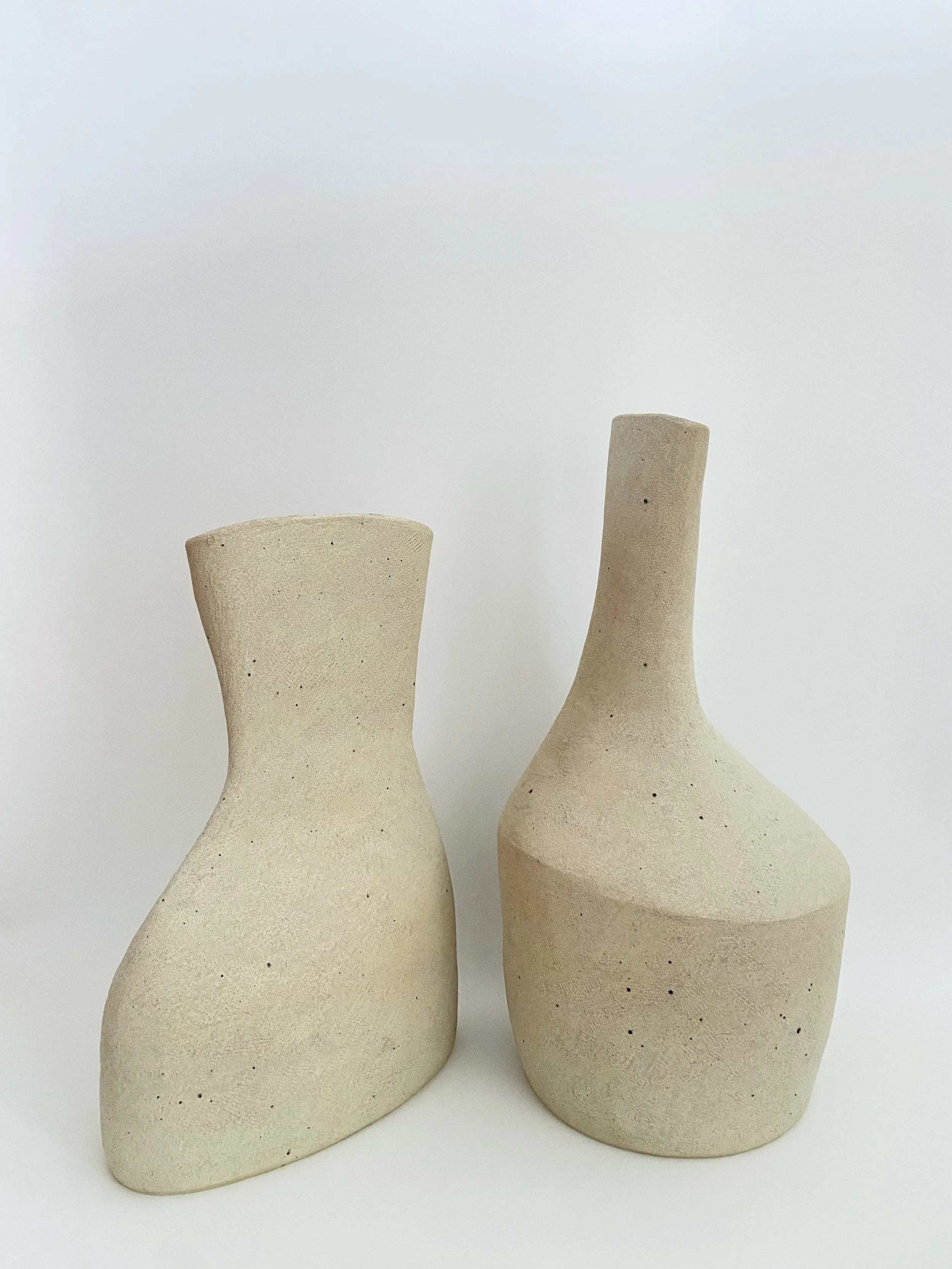 Sculptures In Conversation, height of taller work is 17", stoneware and glaze, 2025. Exhibited at BARNSTORM 2, from July 17-21, during Upstate Art Weekend at the Catskills Barn, Delhi, NY.