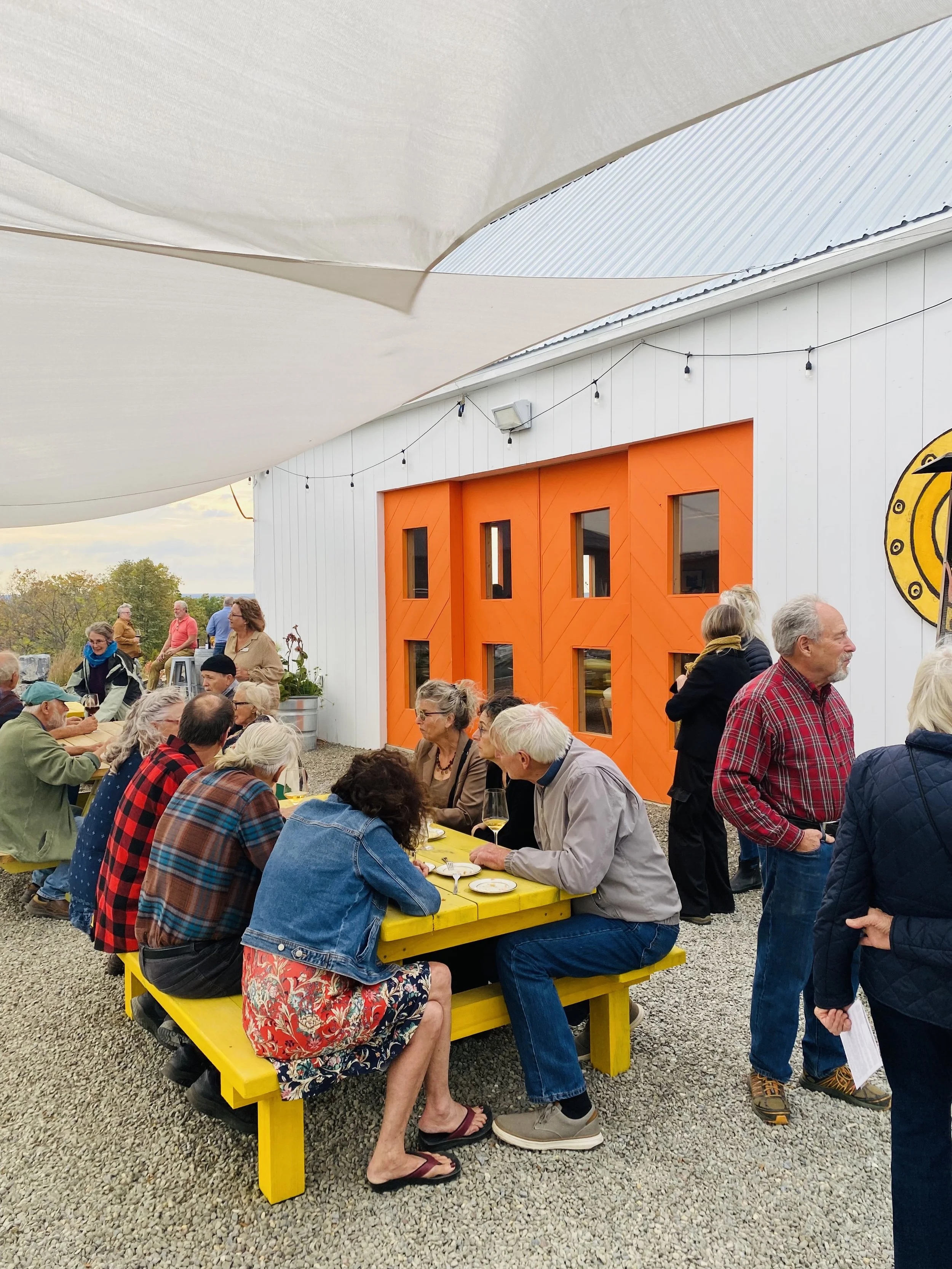 Visitors enjoying an outdoor space at a fundraiser at Forge Cellars