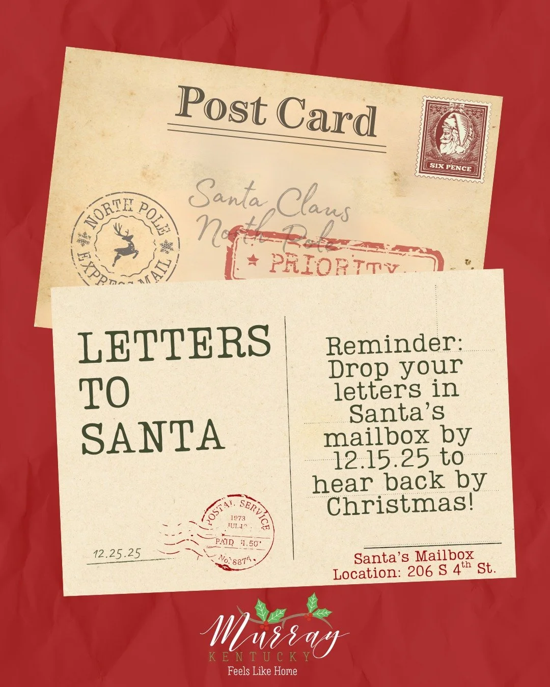 🎄 Letters to Santa! 🎄 Here's your reminder to bring your letters for Santa to the mailbox in front of our office at 206 S 4th St. by December 15th to hear back from Santa by Christmas! 

P.S. Make sure you include a return address! 📮