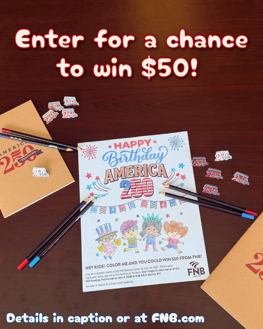 The countdown to Freedom Fest continues with the @fnb_bank Freedom Fest Coloring Contest! 🦅 🎆

Kids ages 0-12 are invited to participate, and 5 lucky winners will receive $50 cash! 

How to enter:

🖍️ Color the official coloring sheet
🏦  Return i