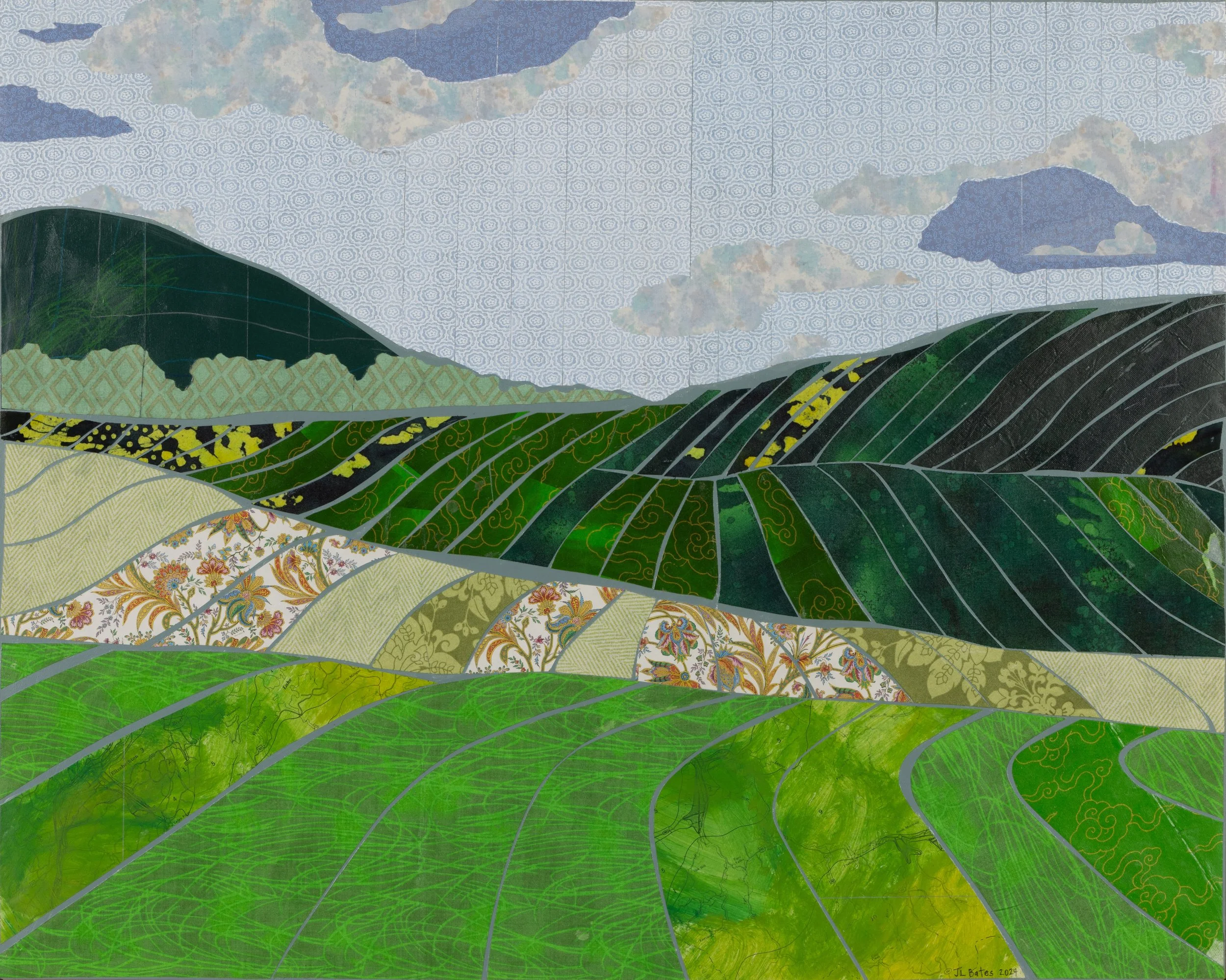   Summer Crop Rows   Mixed media on wood panel  2025  24”h x 30”w 
