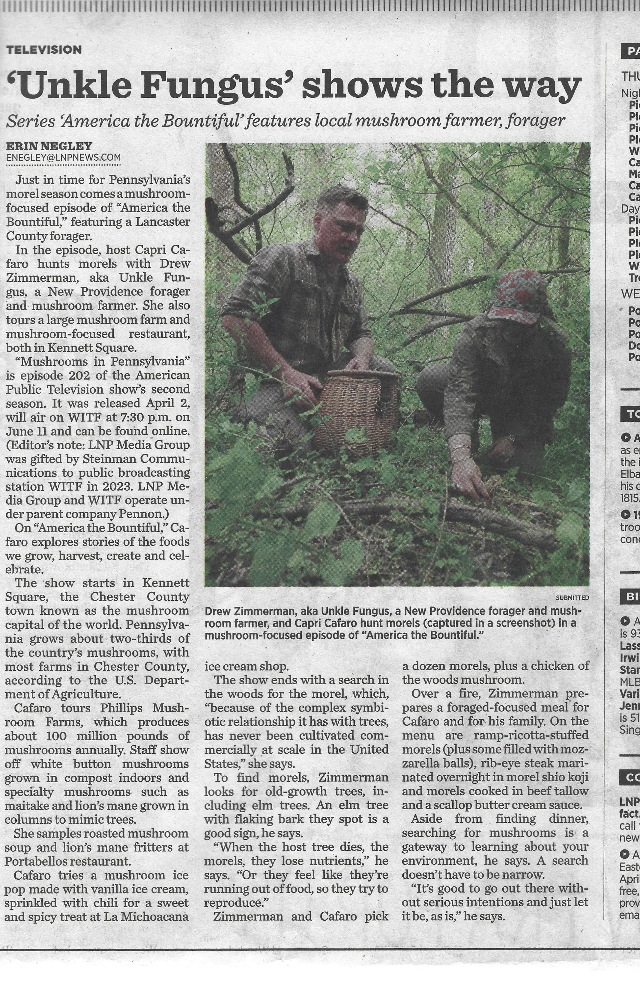 Drew Zimmerman "Unkle Fungus" featured in LNP after appearing in PBS' "America the Bountiful" S2E2 "Mushrooms in Pennsylvania".