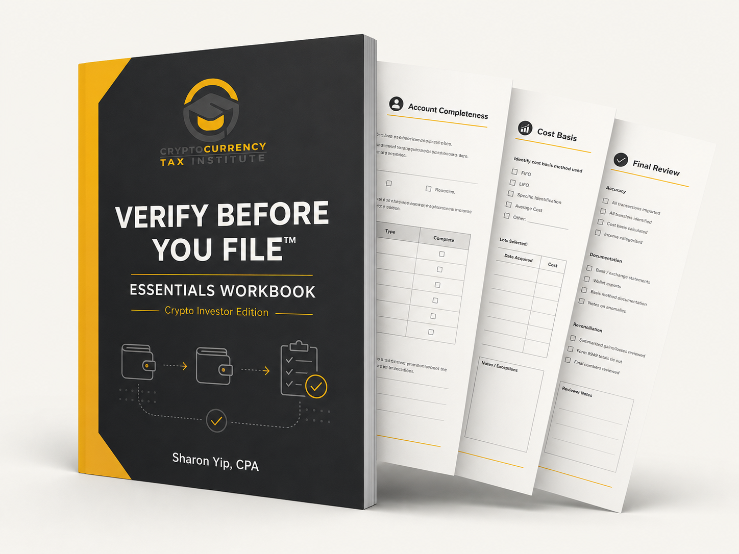 Book titled 'Verify Before You File: Essentials Workbook' by Sharon Yip, CPA, with three sheets of checklists on accounting and document verification behind it.