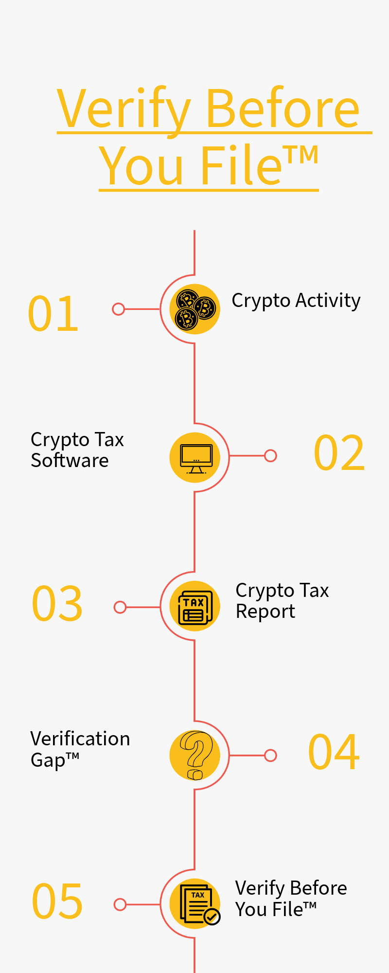 Verify Before You File framework showing crypto activity, tax software, tax report, Verification Gap, and filing readiness.