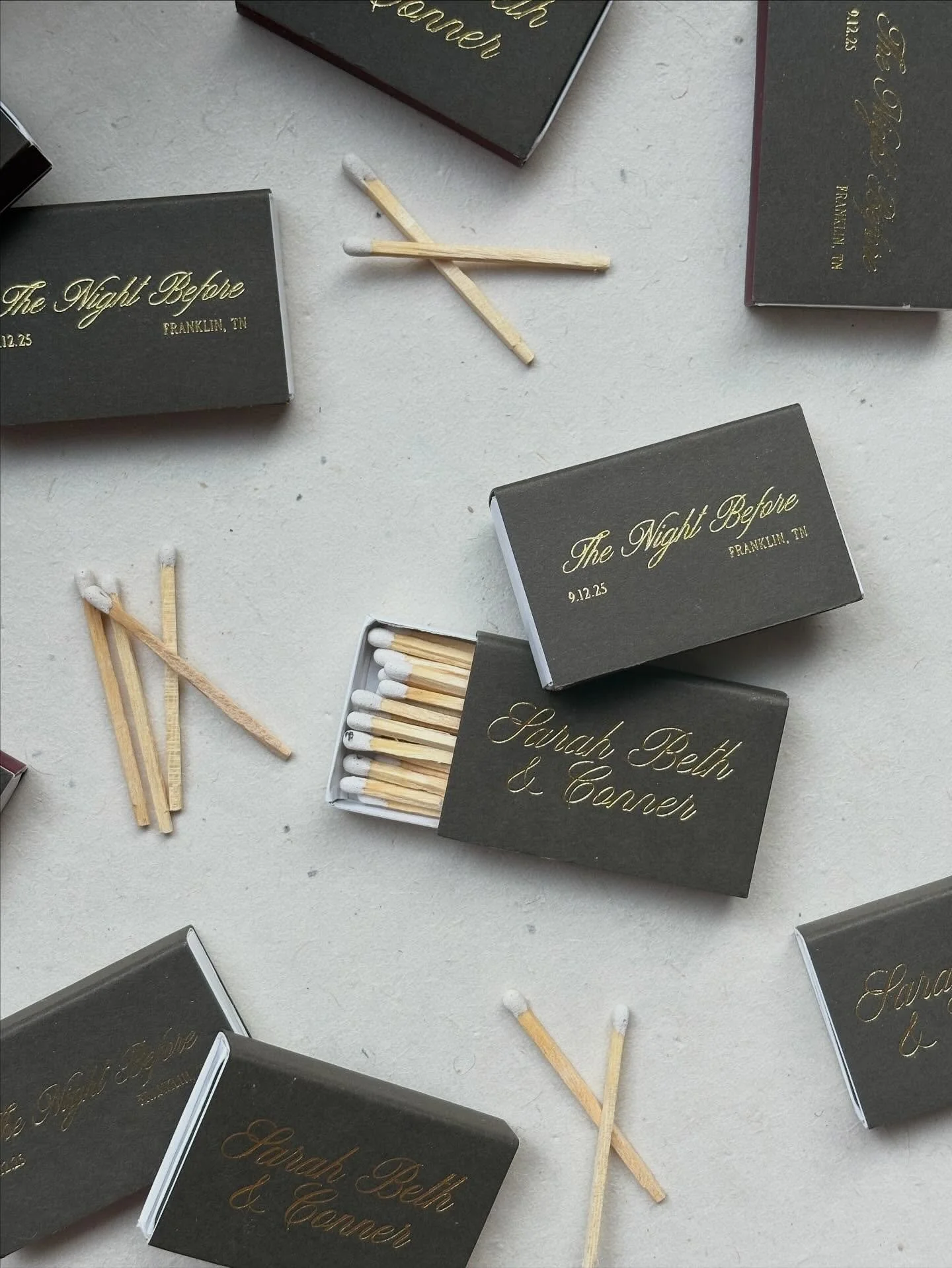 Custom matchbooks for Sarah Beth &amp; Conner&rsquo;s rehearsal dinner &mdash; a thoughtful touch to tie everything together. ✨