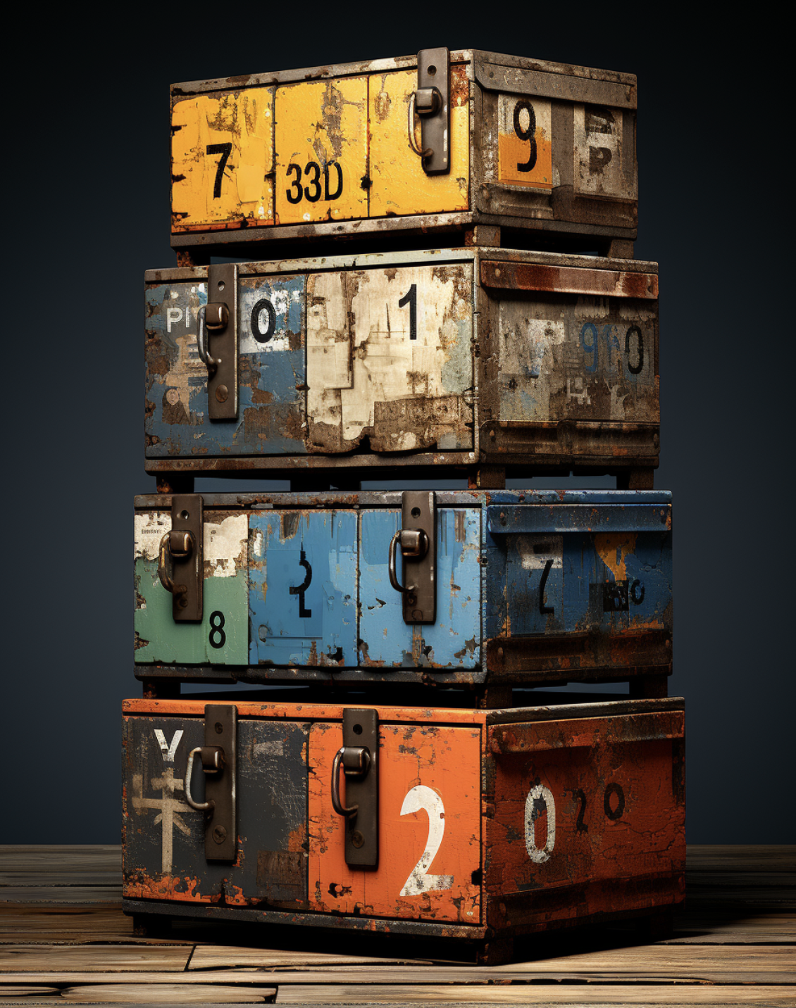 Stacked Boxes 

Negative space 
Subdivided, foreground floor (fg)and background(bg) Gradient in background creates a volumetric space contributes to mood.

negative space surrounding the boxes, the notches, the small openings under each box creates v