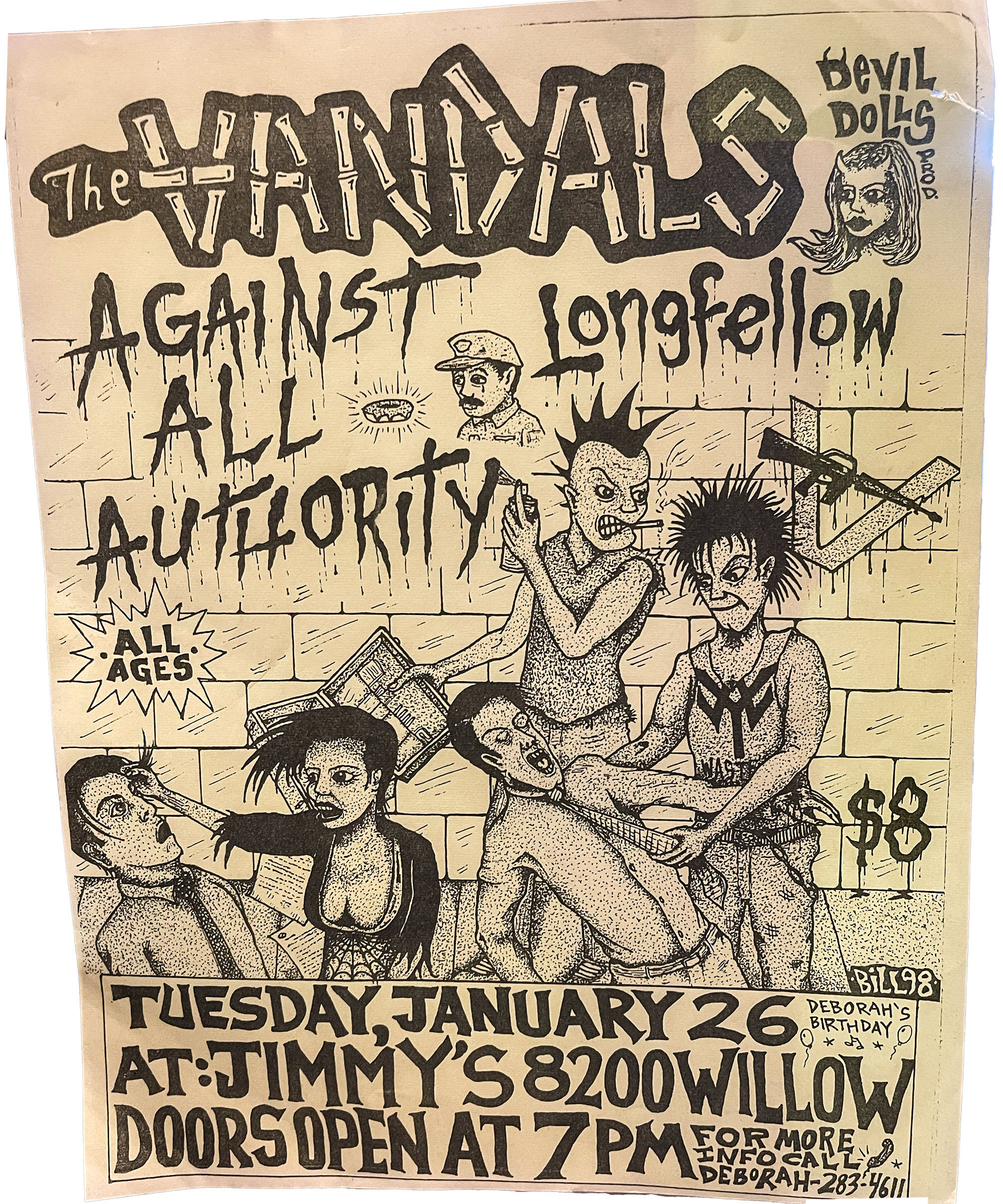 Era / Timeframe
Strongly suggests late 1980s
Flyer itself is dated:
Tuesday, January 26
Handwritten note: “’98” near lower right corner
Likely 1990s Southern California punk scene
Fits post-hardcore / skate-punk flyer culture.
Overall Style
DIY under