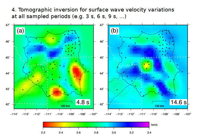 Fig. 4 - Tomographic inversion for surface wave velocity variations at all sampled periods