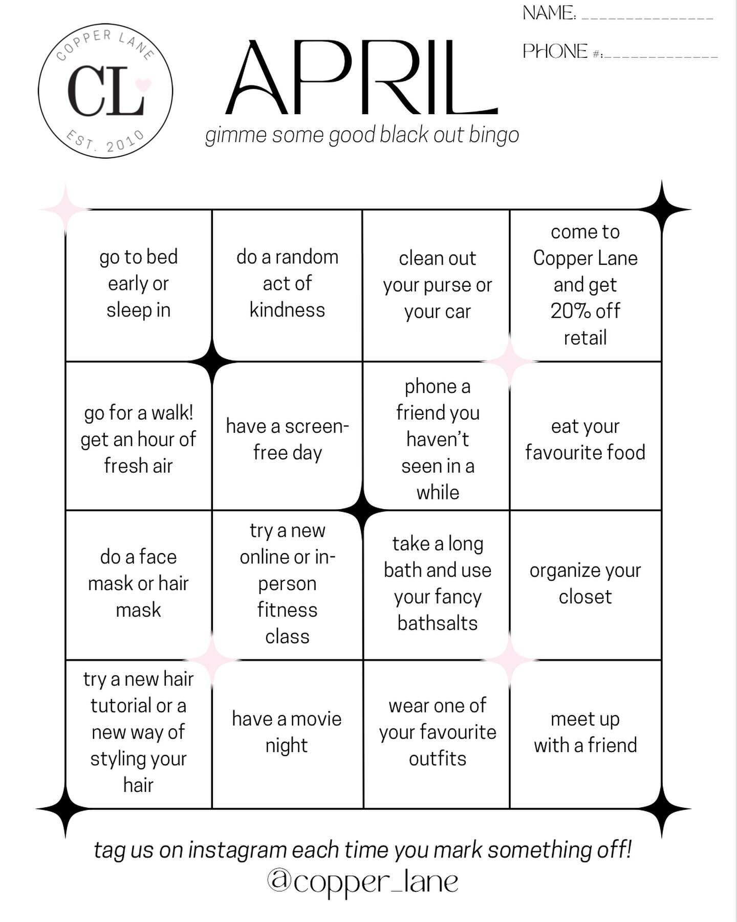 BINGO starts April 1! You can pick up a card at the salon, print one off from our website blog post (link in bio), or you can screenshot this post!

Swipe to see the instructions AND the prize worth $250!

Happy Blackout Bingo Month 🎲