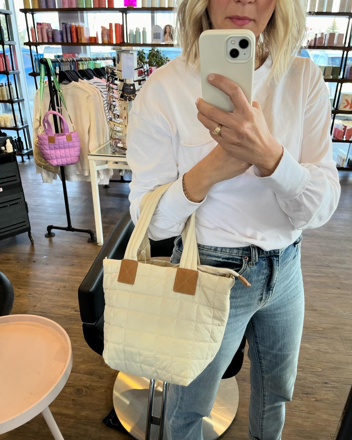 If you&rsquo;ve been into the salon lately, you might have seen these cute quilted tote bags. Available in Ivory and Purple and they come with a fun cross-body strap too!

_____
Copper Lane Hair Studio &bull; Shop Red Deer &bull; Red Deer business &b