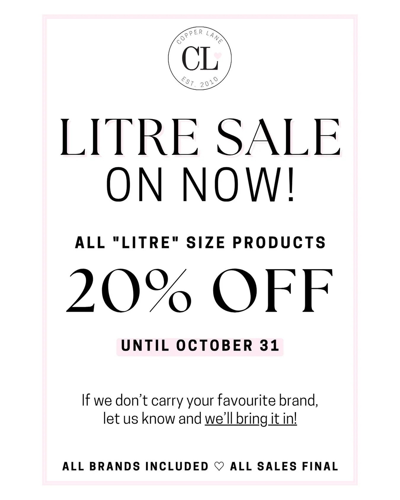 🗣️ ENDS FRIDAY!

Our annual Litre Sale is on at both locations - save 20% on all litres! Save big on Aveda, Kevin Murphy, Neuma, Milkshake, and more.

It&rsquo;s time to stock up!

#copperlane #lacombesalon #reddeersalon #sale