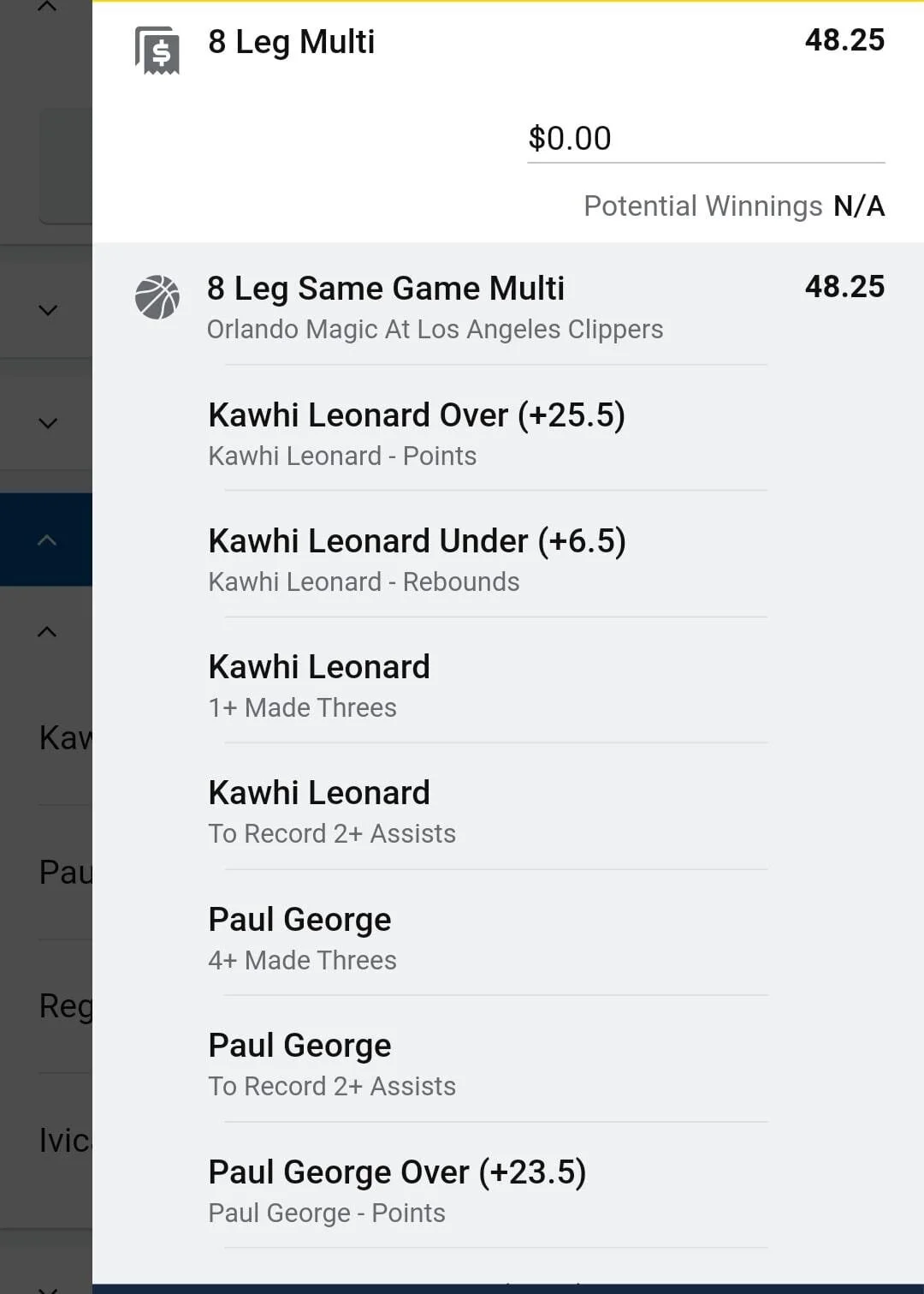 Paul George x Kawhi Leonard. Combination multi. 0.5 units. Take odds over $30. In the event they both play they could both be in for a big game.