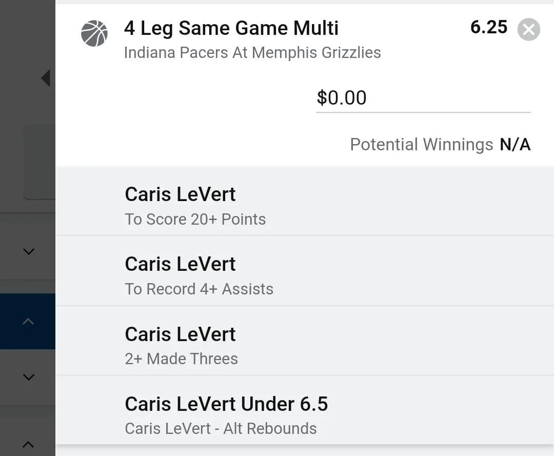 LeVert 1.5 units. Take odds over $5