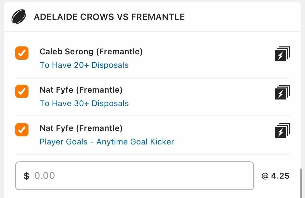 Freo SGM - Stake 2 Units, Accept Odds $3.25+ Best Odds Ladbrokes