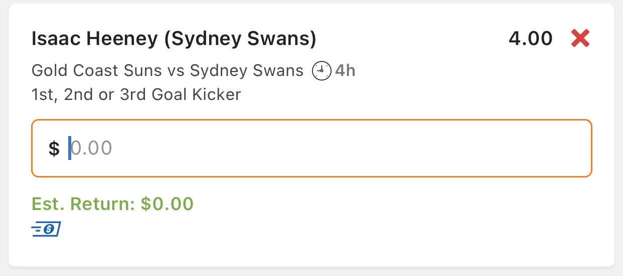 Heeney 1st,2nd or 3rd goal in match, Stake 1 unit, Minimum Odds $3.5 Lads/Neds.