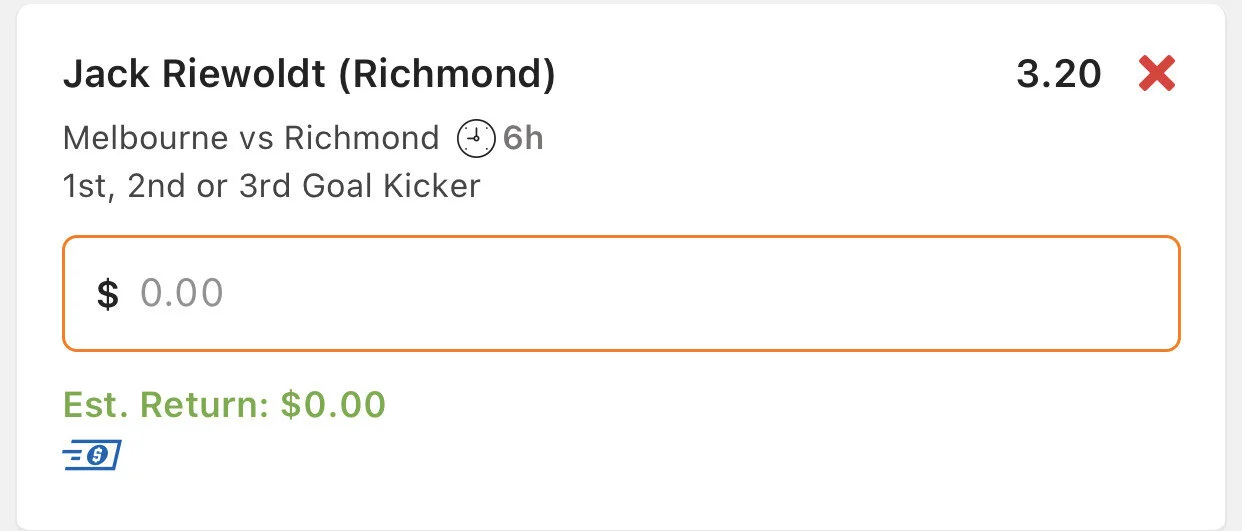 Riewoldt 1st,2nd or 3rd goal in match, Stake 2 units, Minimum Odds $3 Lads/Neds.