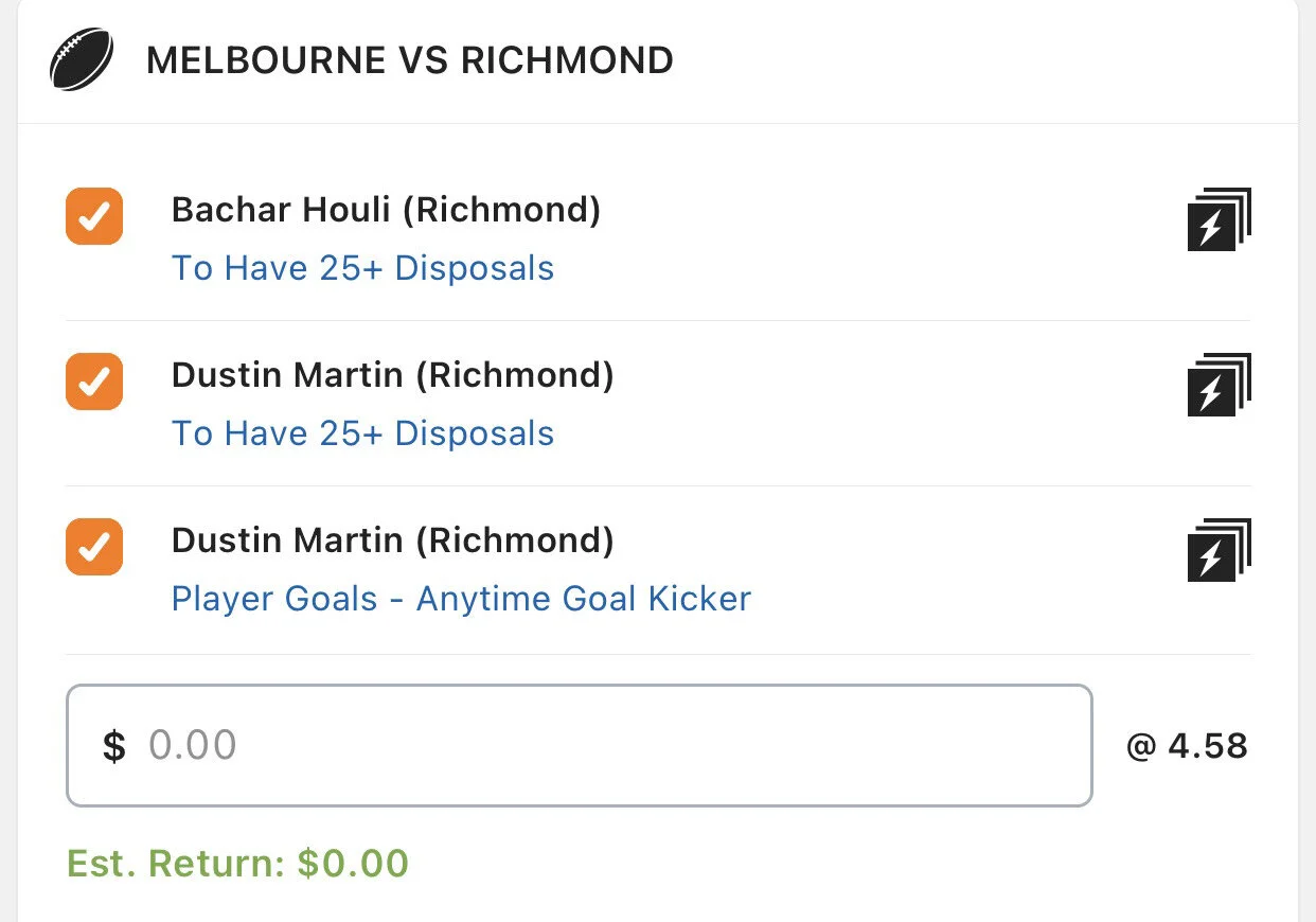 Tigers SGM, Stake 1.5 units, Minimum Odds $4.10 Lads/Neds.