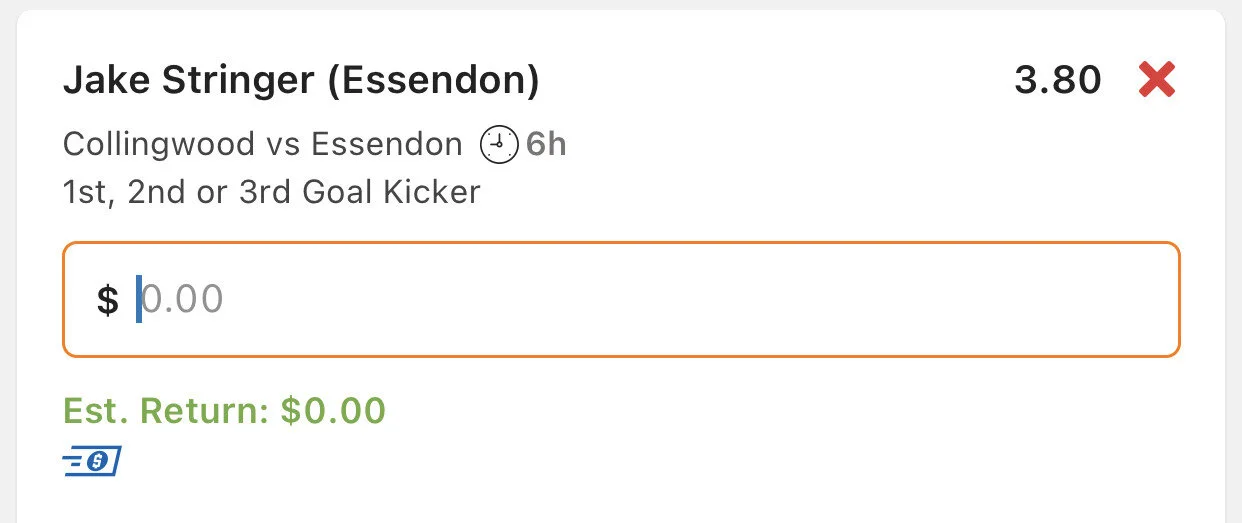 Stringer 1st, 2nd or 3rd goal kicker, Stake 2 units, Minimum Odds $3 Lads/Neds.