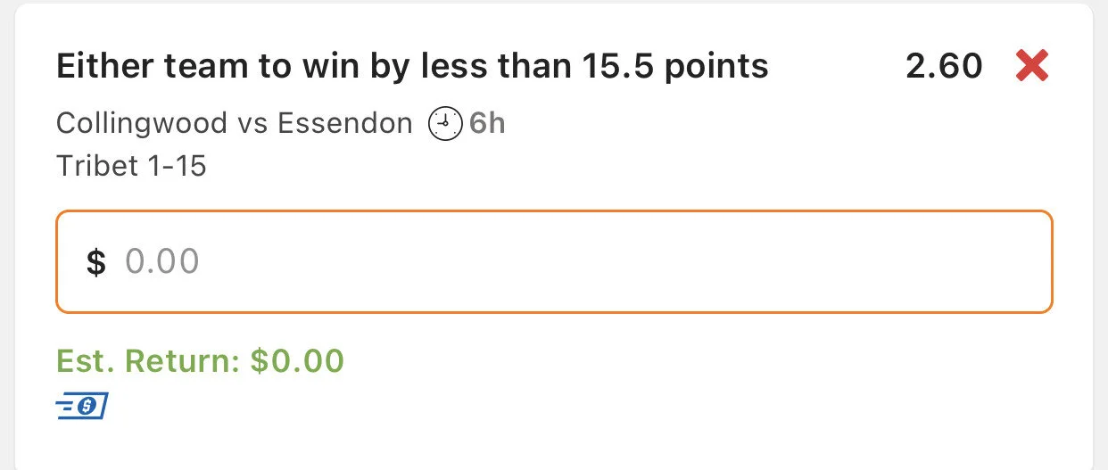 Either team win by 15.5 points or less, Stake 2 units. Minimum odds $2.35, Lads/Neds