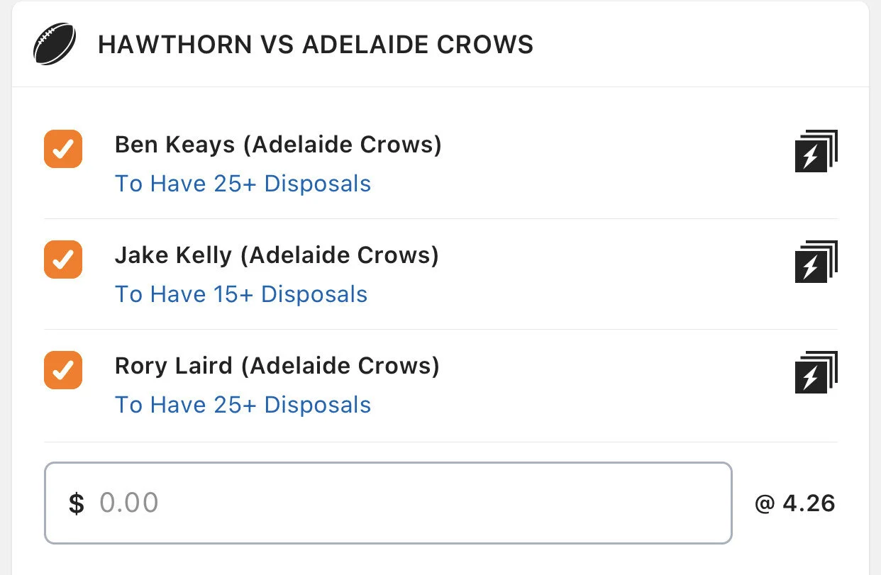 Crows SGM, Stake 2 units, Minimum Odds $3 Lads/Neds.