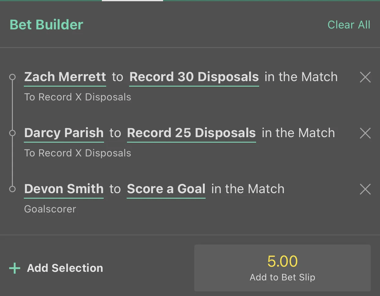 Dons SGM, Stake 2 units, Minimum Odds $4.20, Bet 365