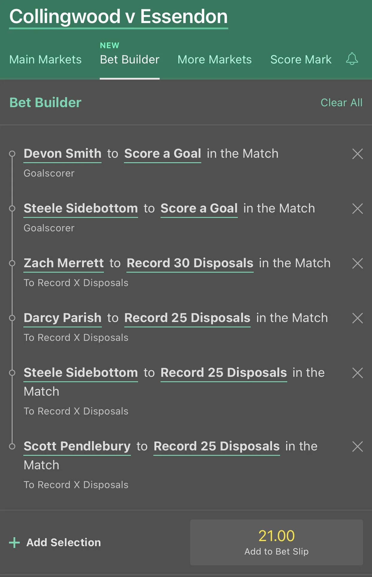 Pies/Dons combo SGM, Stake 0.5 units, take down to 15, Bet 365.