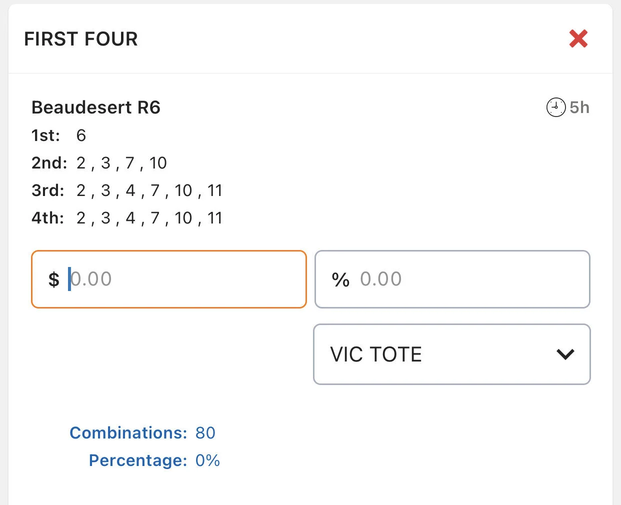 Race 6 - First 4, $40 Outlay for 50% of Div