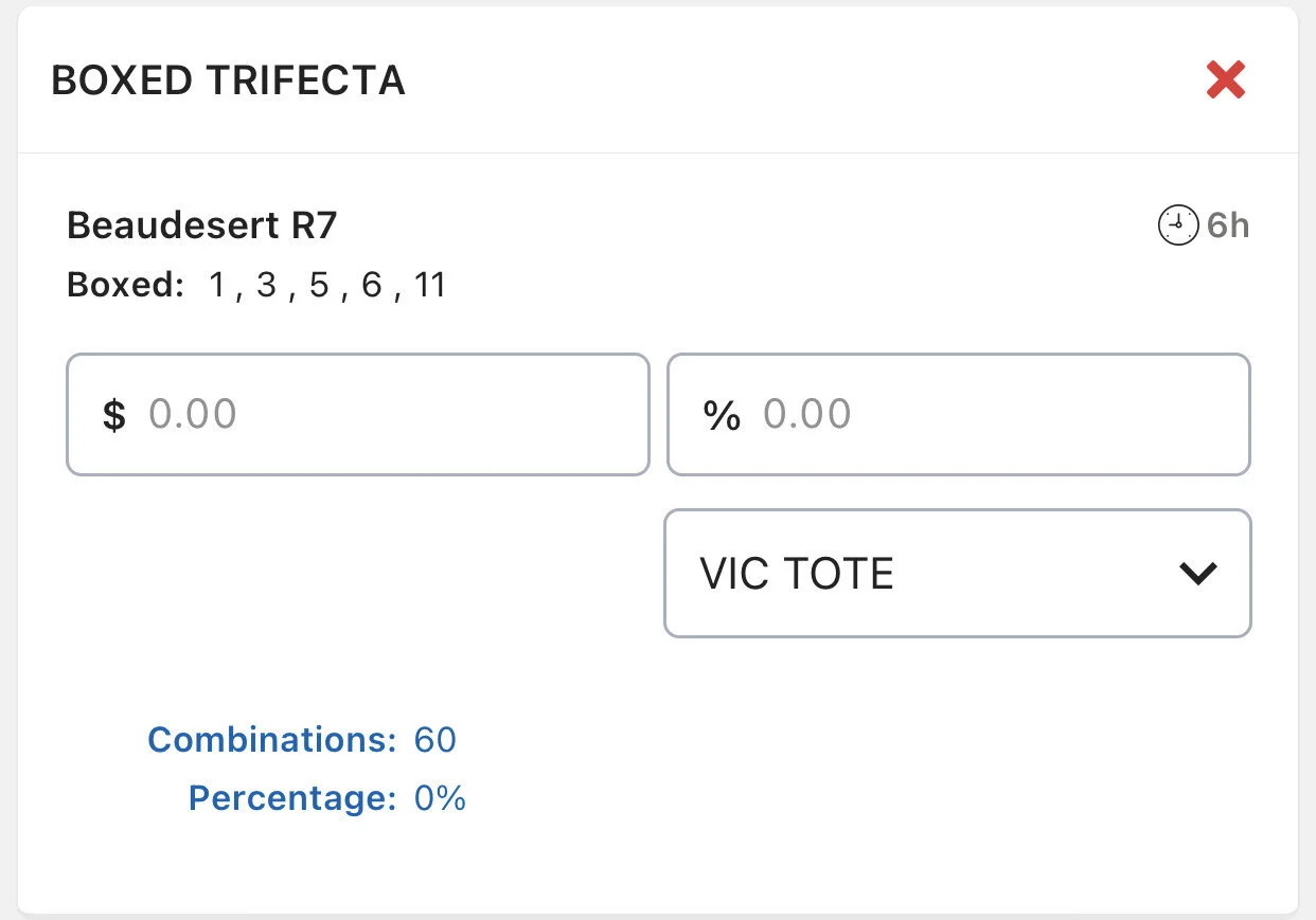 Race 7 - Trifecta, $30 outlay, 50% of div
