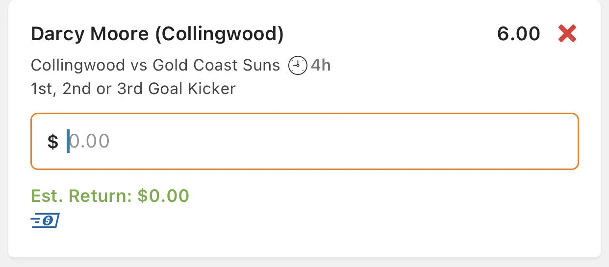 Moore 1st, 2nd or 3rd Goal kicker, Stake 1 Unit, Minimum odds 5.5, Lads/Neds