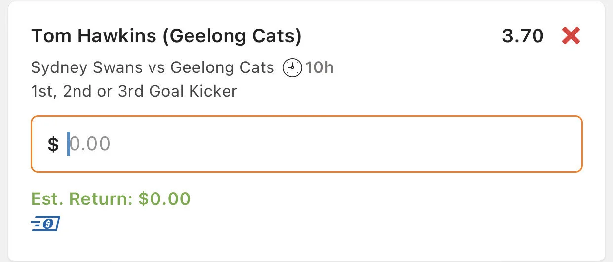 Hawkins 1st, 2nd or 3rd goal kicker, Stake 2 units, Minimum odds 3.2, Lads/Neds