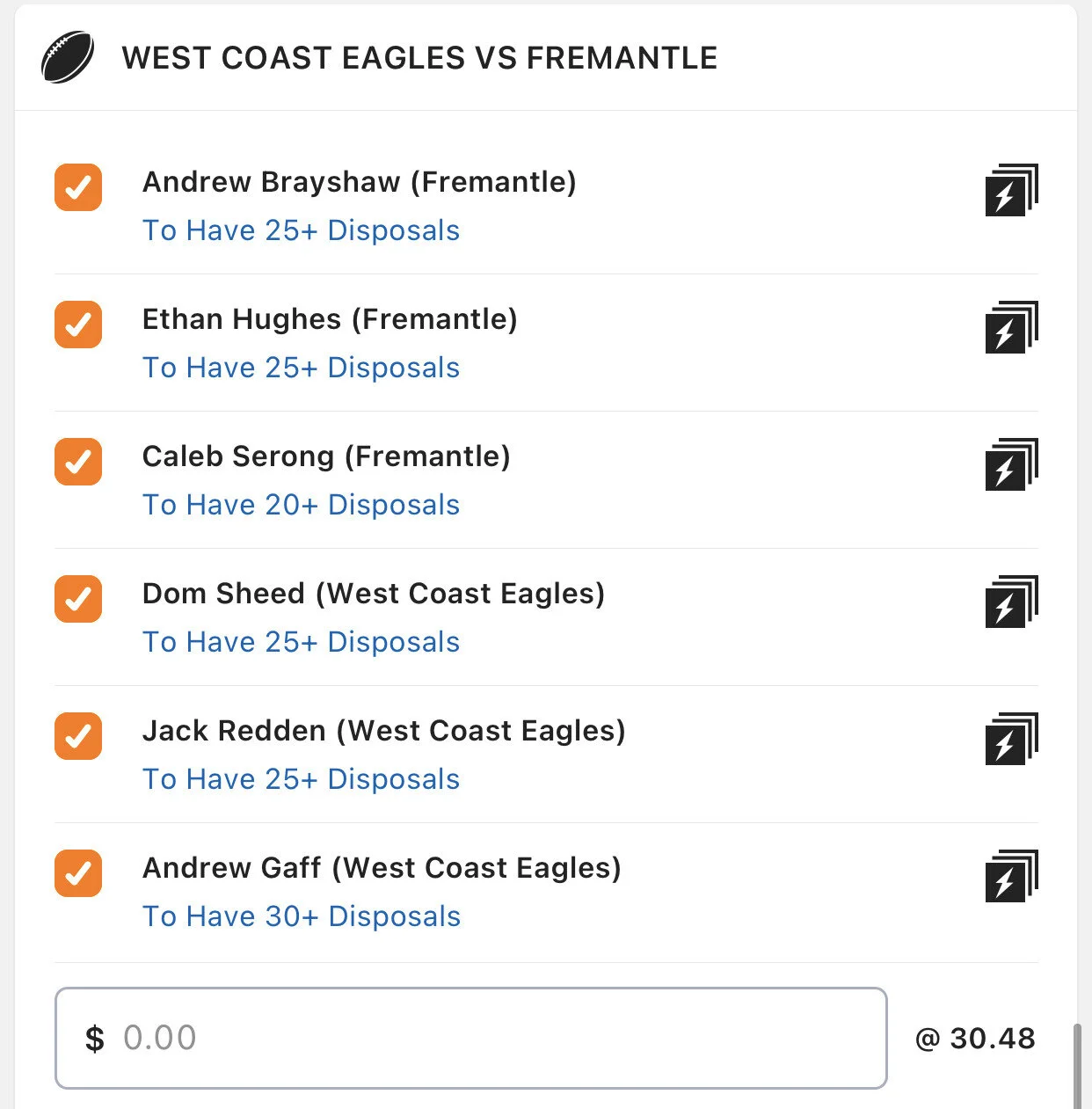 Eagles/Freo SGM, Stake 0.5 units, Minimum odds 20, Lads/Neds