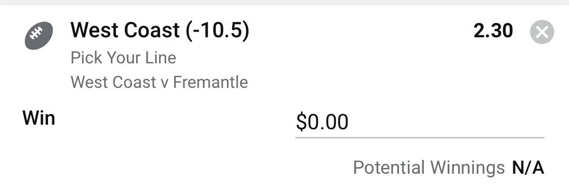 West Coast Pick Your Line -10.5, Stake 2.5 Units, Minimum Odds 2.2, Max line to take -11.5