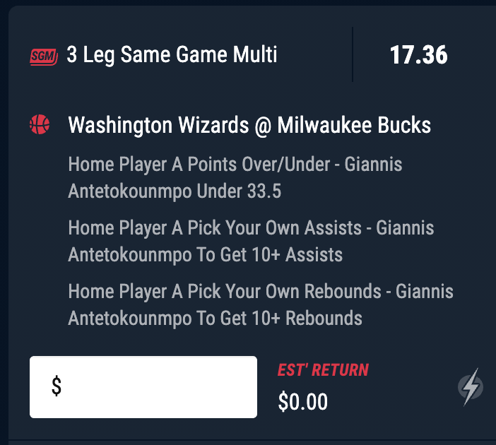 BEST BETGiannis has 7 triple doubles this season. 2 against the Wizards. This should be a high tempo game with plenty of points.Giannis 1.5 units. Take odds over $9, best odds available on Pointsbet @ $17.36  Note: Sportsbet odds currently also good.