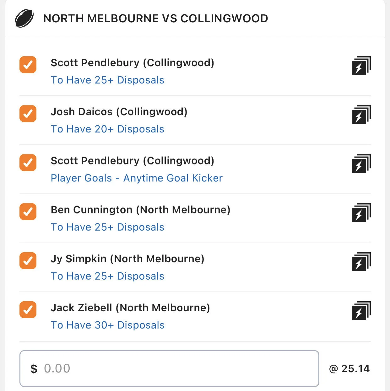 Kangas/Pies Combo SGM - Stake 0.5 Units, Minimum Odds 18, Lads/Neds.