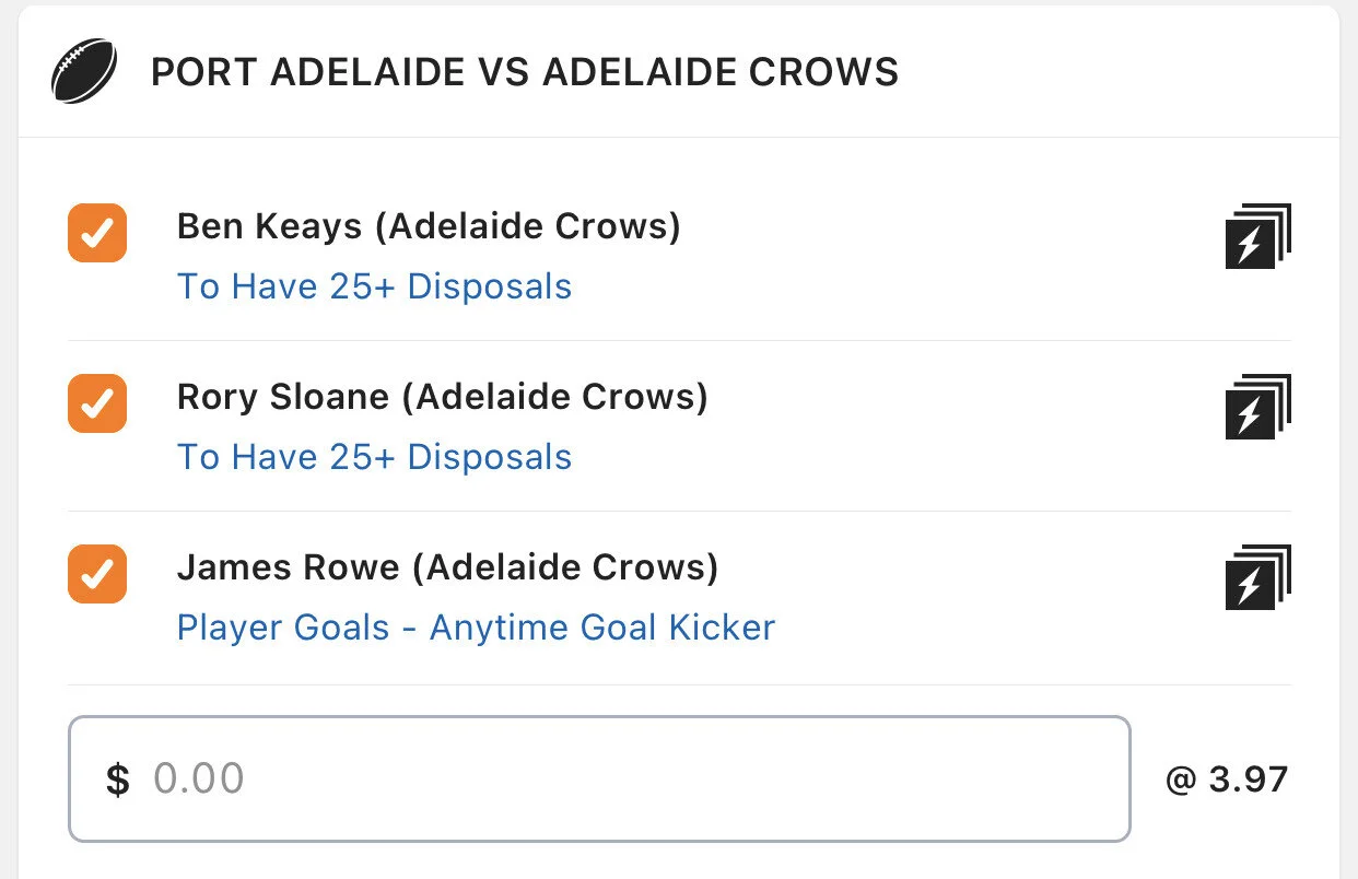 Crows SGM - Stake 2 Units, Minimum Odds 3.2, Lads/Neds.