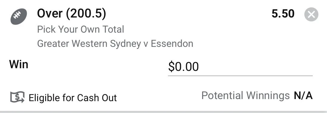 Pick Your Own Total, Stake 1 unit, Minimum Odds 5, Sportsbet