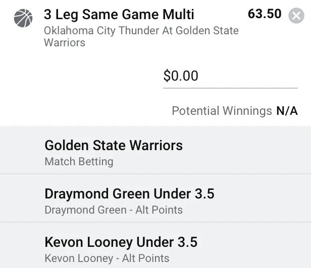 GSW, Looney & Dray, Stake 1 Unit, Accept Odds $25.00+