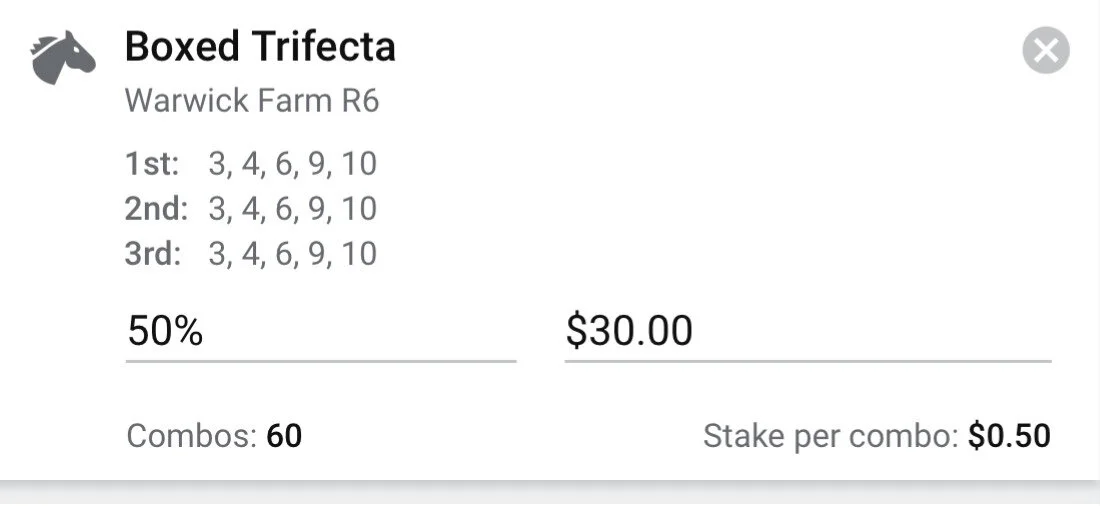Race 6 - Boxed Trifecta - $30 for 50% of div.Even race this with a few chances. (3) Tiny is resuming from a spell and likes the going soft and should be hard to beat. (4) Nags to Riches (Scratched  5:24am) has 3 starts for 2 wins and 1 on heavy in a promising start to this filly’s career, the likely favourite. (6) Turnstyle is second up after a 3rd placing first up, leading chance. (9) Miss Spiteful, only a modest run first up but should be fitter for it like most Waterhouse horses, expect to run on. (10) Embeller won last start and winning form is good form, maps to be on speed, fitness no issue well into prep.  Note - 6 scratched, replace with 8.