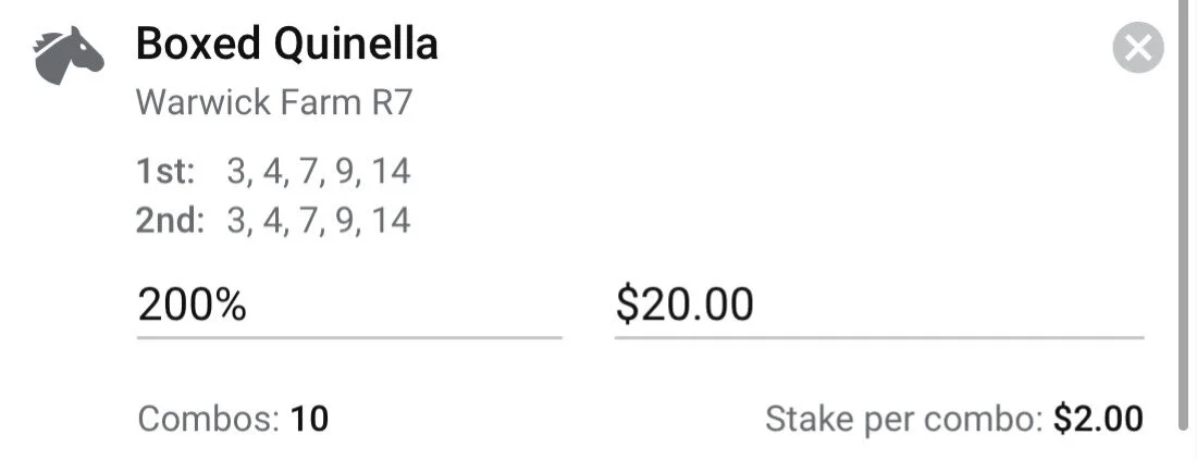 Race 7 - Boxed Quinella - $20 for 200% of divA quinella to finish the day in a very open race. All selections profile in a similar fashion with decent wet weather credentials.