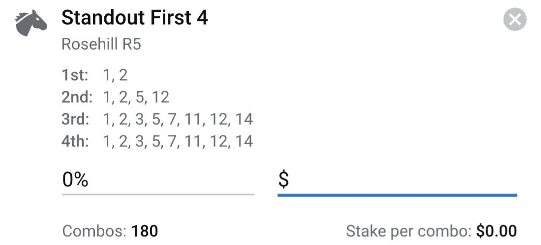 Rosehill Race 5 - First 4, Total Stake 1.5 Units.