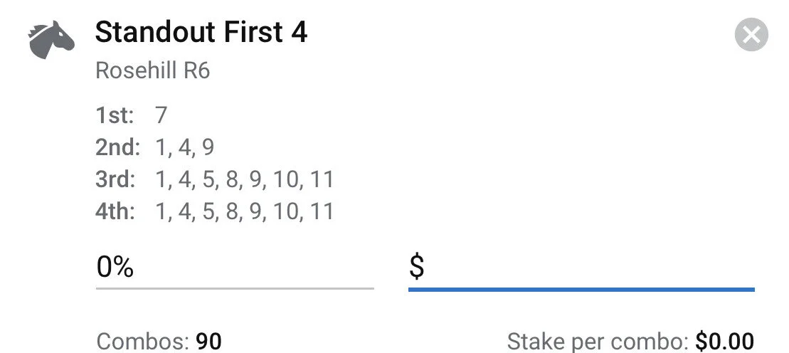 Rosehill Race 6 - First 4, Total Stake 1 Unit.