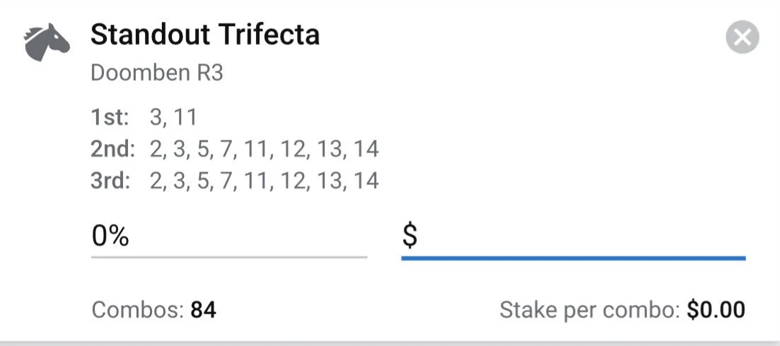 Doomben Race 3 - Trifecta, Total Stake 1.5 Units