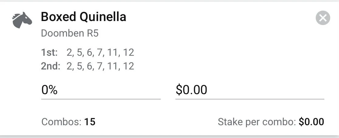 Doomben Race 5 - Quinella, Total Stake 2 units.